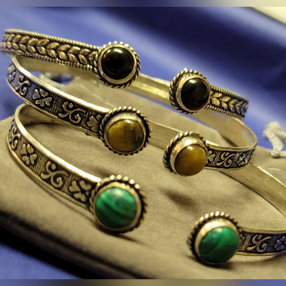 Choice Of One,Genuine Malachite,Black Onyx,Tiger Eye Silver Bangle, Adjustable,
